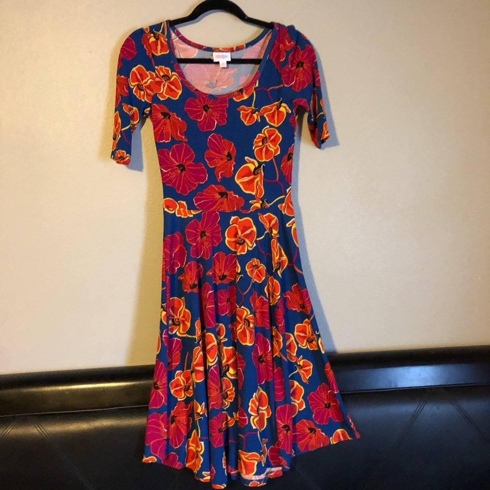 LulaRoe Nicole XS Dress Blue Orange Pink Hawaiian